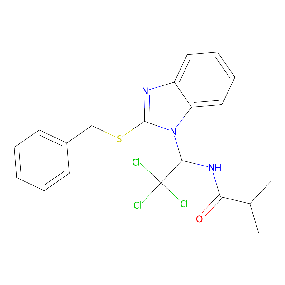 N-{1-[2-(benzylsulfanyl)-1H-benzimidazol-1-yl]-2,2,2-trichloroethyl}-2-methylpropanamide molecular structure, CAS 374086-88-1
