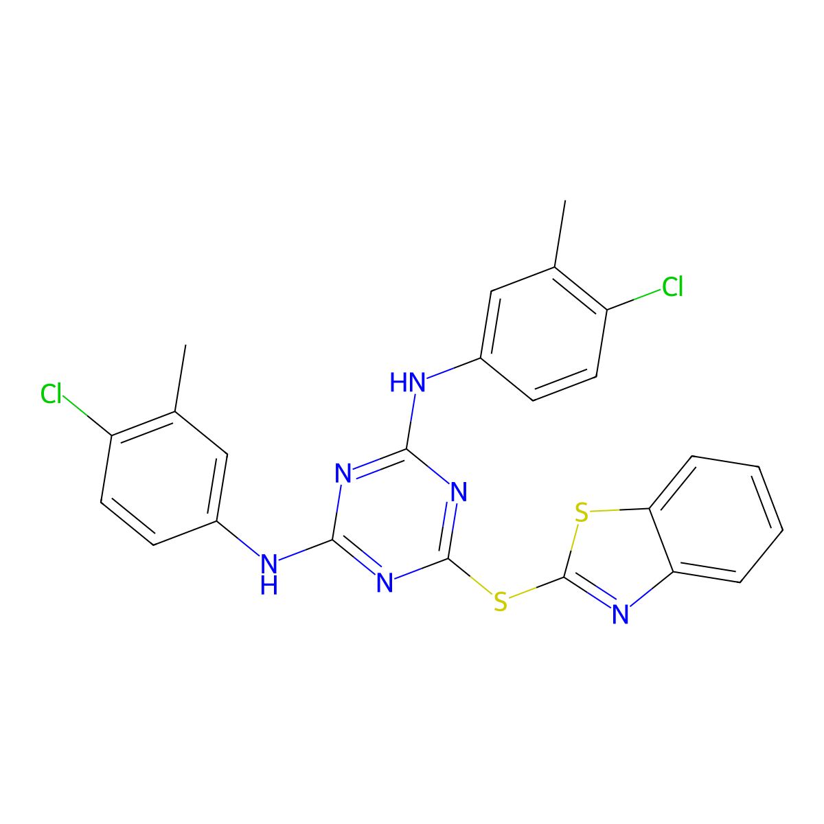 6-(1,3-benzothiazol-2-ylsulfanyl)-N,N'-bis(4-chloro-3-methylphenyl)-1,3,5-triazine-2,4-diamine molecular structure, CAS 374087-35-1