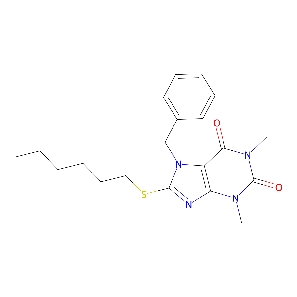 7-Benzyl-8-hexylsulfanyl-1,3-dimethylpurine-2,6-dione molecular structure, CAS 374090-43-4