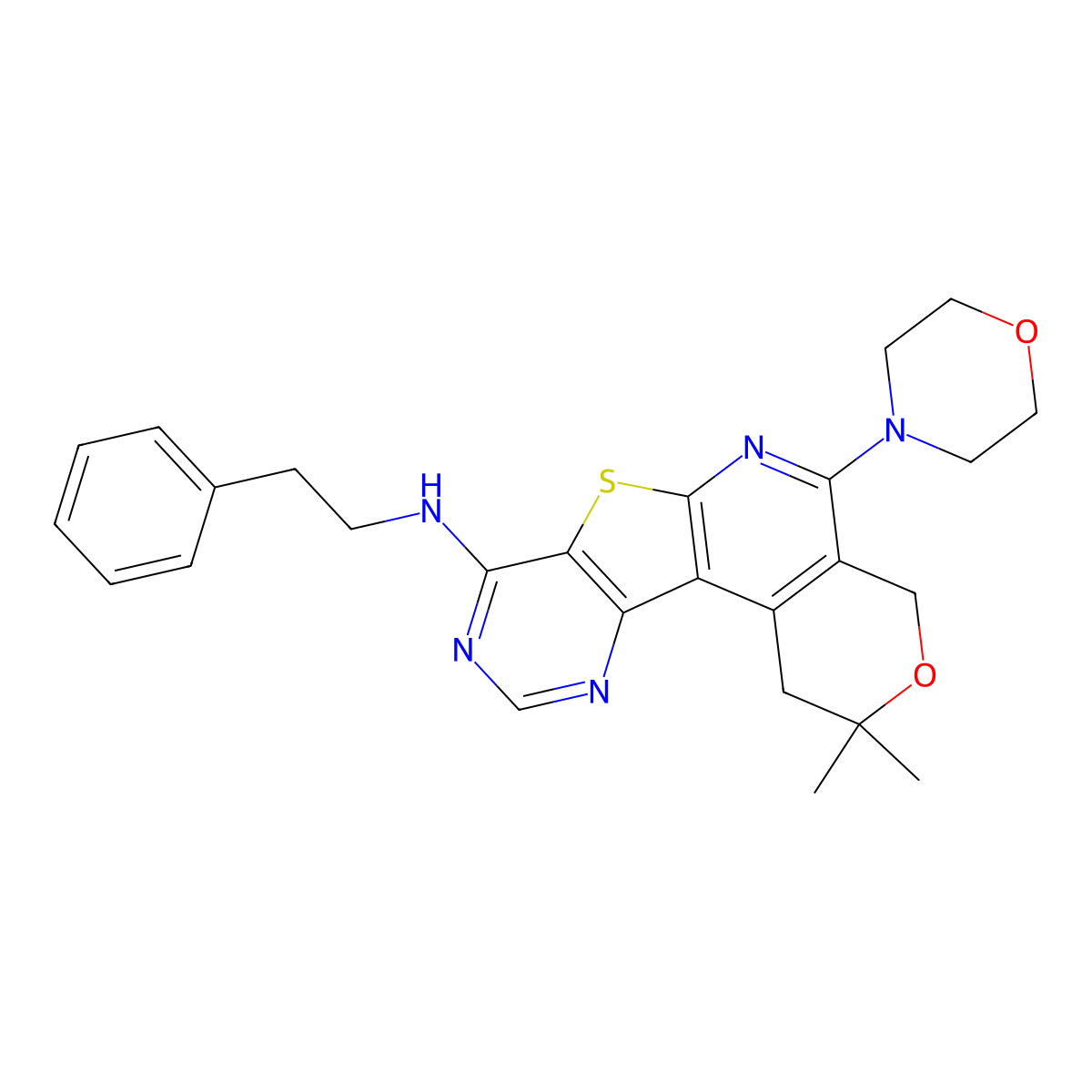 2,2-dimethyl-5-morpholino-N-phenethyl-2,4-dihydro-1H-pyrano[4'',3'':4',5']pyrido[3',2':4,5]thieno[3,2-d]pyrimidin-8-amine molecular structure, CAS 374090-46-7