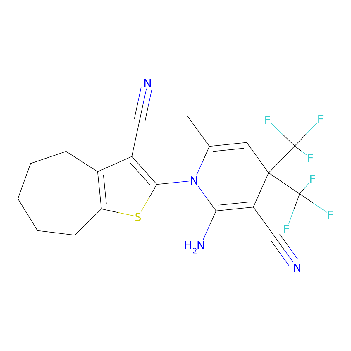 2-amino-1-(3-cyano-5,6,7,8-tetrahydro-4H-cyclohepta[b]thiophen-2-yl)-6-methyl-4,4-bis(trifluoromethyl)pyridine-3-carbonitrile molecular structure, CAS 374090-76-3
