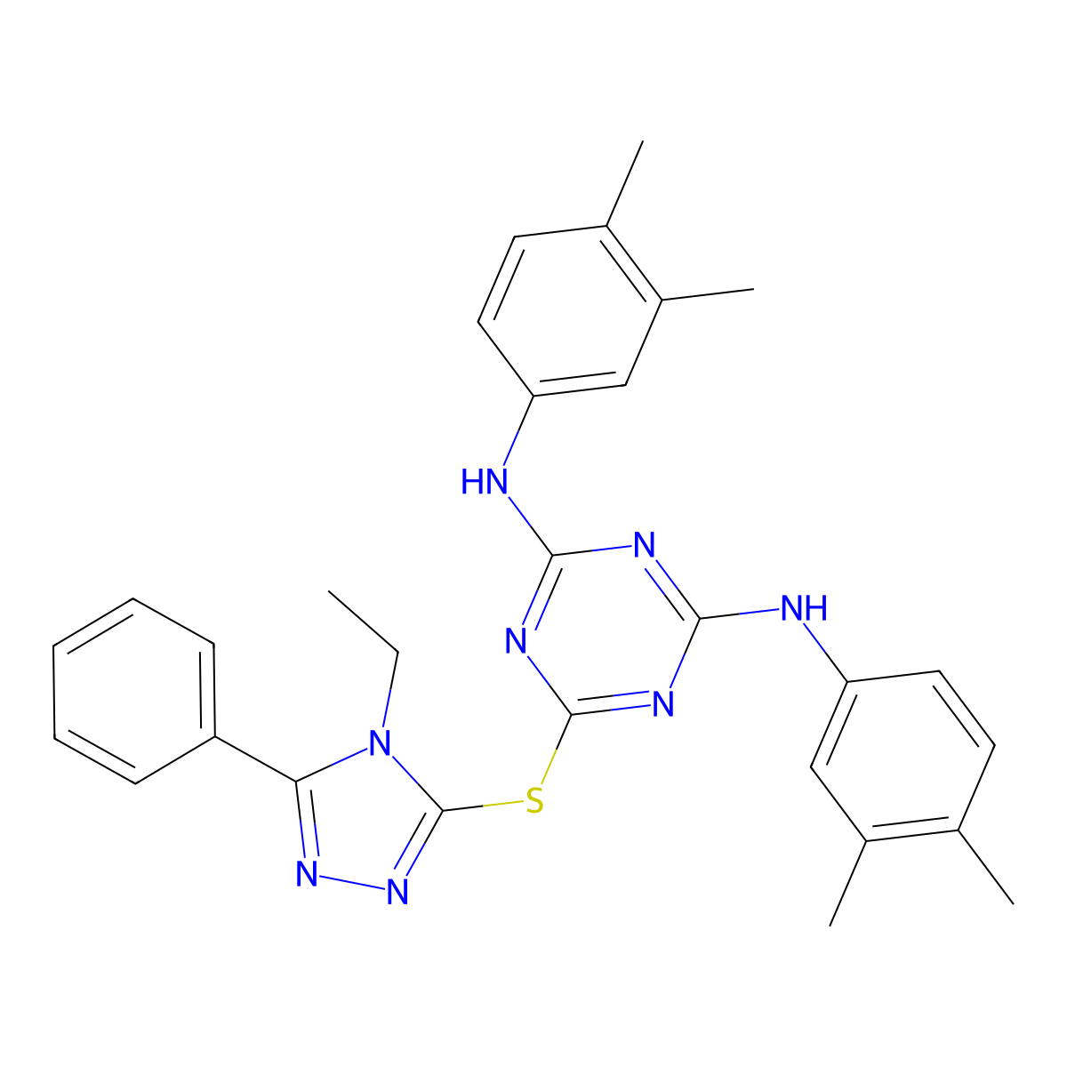N,N'-bis(3,4-dimethylphenyl)-6-((4-ethyl-5-phenyl-4H-1,2,4-triazol-3-yl)sulfanyl)-1,3,5-triazine-2,4-diamine molecular structure, CAS 374092-07-6