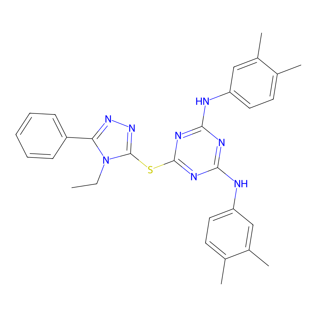N,N'-bis(3,4-dimethylphenyl)-6-((4-ethyl-5-phenyl-4H-1,2,4-triazol-3-yl)sulfanyl)-1,3,5-triazine-2,4-diamine molecular structure, CAS 374092-07-6