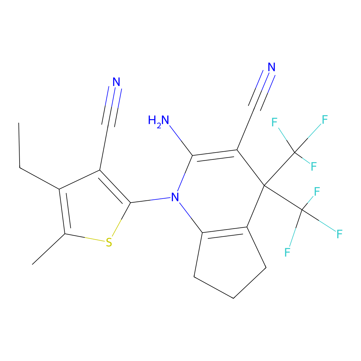 2-amino-1-(3-cyano-4-ethyl-5-methylthiophen-2-yl)-4,4-bis(trifluoromethyl)-6,7-dihydro-5H-cyclopenta[b]pyridine-3-carbonitrile molecular structure, CAS 374092-34-9