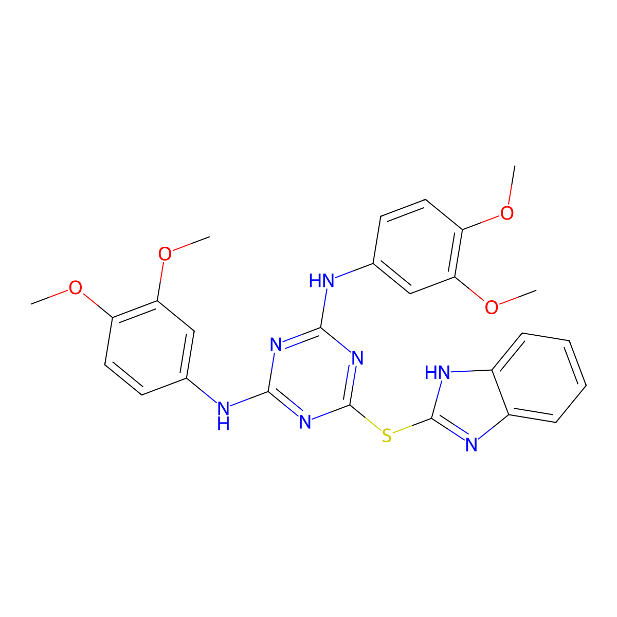 6-(1H-benzimidazol-2-ylsulfanyl)-N,N'-bis(3,4-dimethoxyphenyl)-1,3,5-triazine-2,4-diamine molecular structure, CAS 374092-41-8