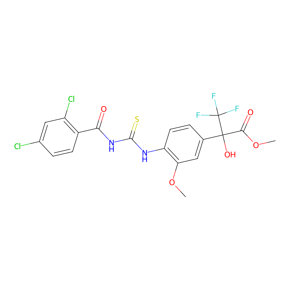 Methyl 2-[4-({[(2,4-dichlorophenyl)carbonyl]carbamothioyl}amino)-3-methoxyphenyl]-3,3,3-trifluoro-2-hydroxypropanoate molecular structure, CAS 374092-96-3