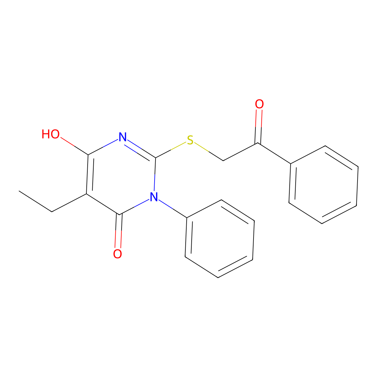 5-ethyl-6-hydroxy-2-[(2-oxo-2-phenylethyl)sulfanyl]-3-phenylpyrimidin-4(3H)-one molecular structure, CAS 374093-00-2