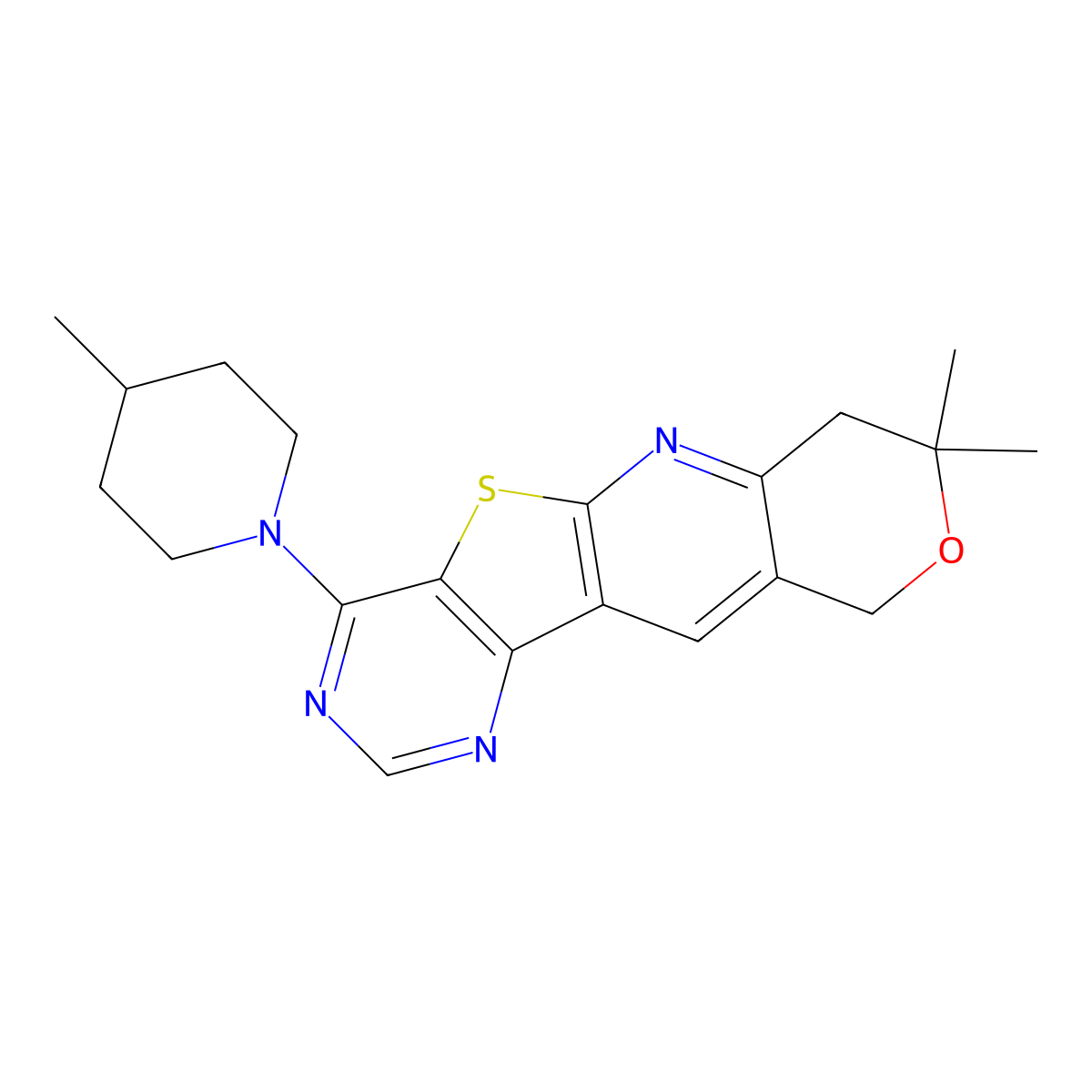 8,8-dimethyl-4-(4-methylpiperidin-1-yl)-8,10-dihydro-7H-pyrano[3'',4'':5',6']pyrido[3',2':4,5]thieno[3,2-d]pyrimidine molecular structure, CAS 374094-04-9