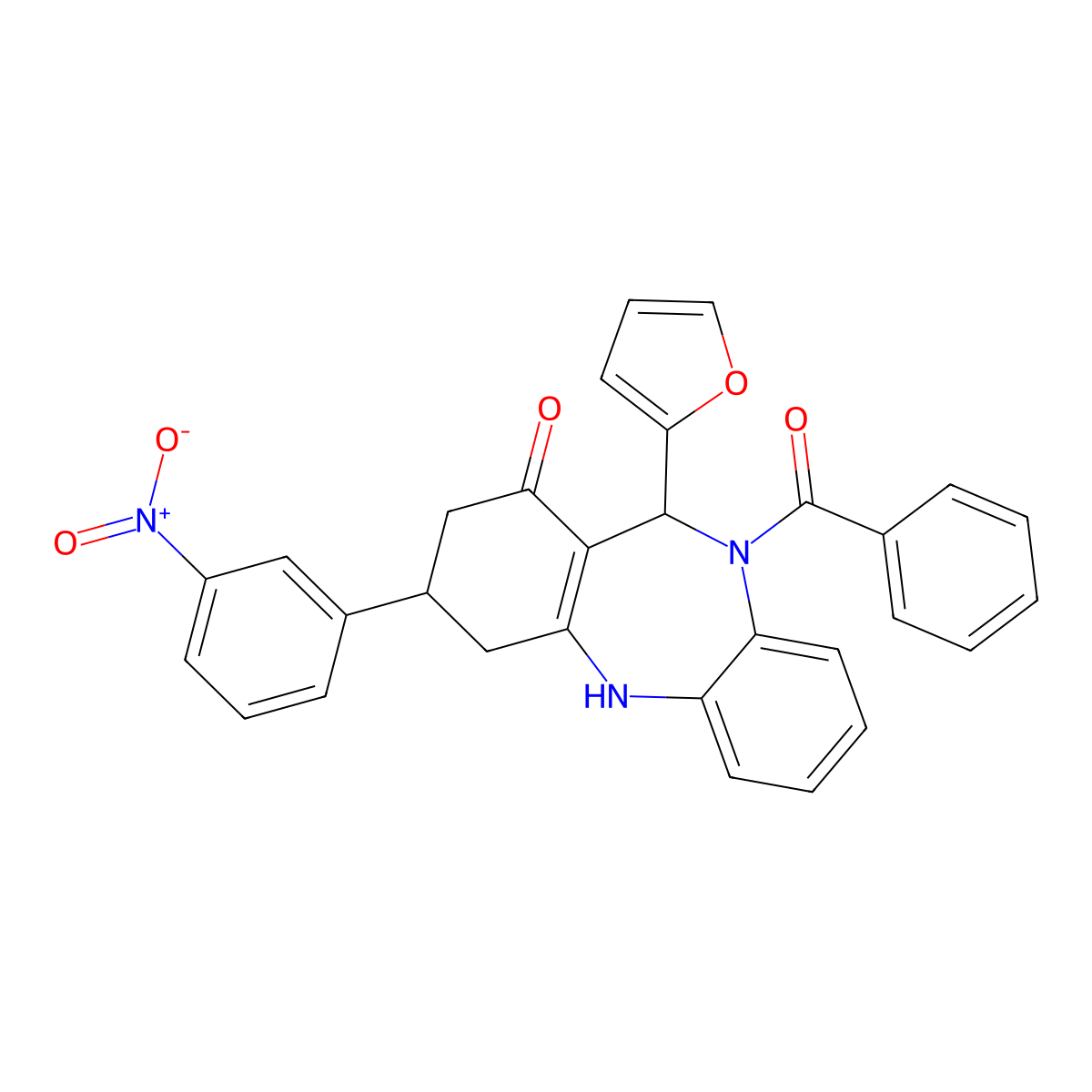 5-benzoyl-6-(furan-2-yl)-9-(3-nitrophenyl)-8,9,10,11-tetrahydro-6H-benzo[b][1,4]benzodiazepin-7-one molecular structure, CAS 374094-56-1