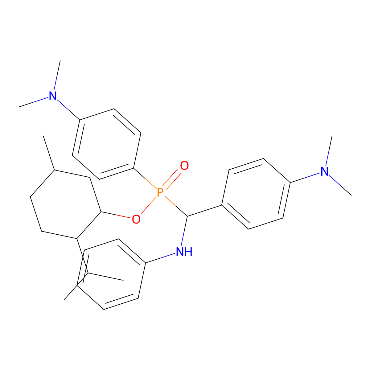 2-Isopropyl-5-methylcyclohexyl (4-(dimethylamino)phenyl)((4-(dimethylamino)phenyl)(phenylamino)methyl)phosphinate molecular structure, CAS 374094-70-9
