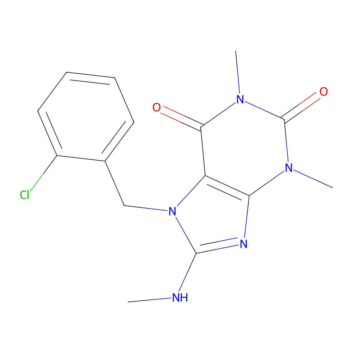 7-(2-chlorobenzyl)-1,3-dimethyl-8-(methylamino)-1H-purine-2,6(3H,7H)-dione molecular structure, CAS 374094-77-6