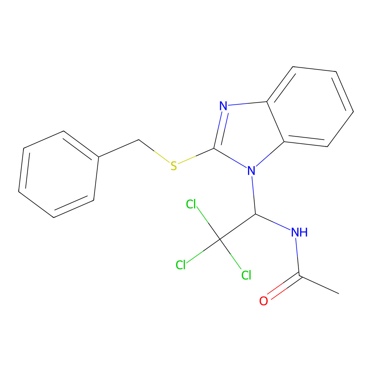 N-{1-[2-(benzylsulfanyl)-1H-benzimidazol-1-yl]-2,2,2-trichloroethyl}acetamide molecular structure, CAS 374095-28-0