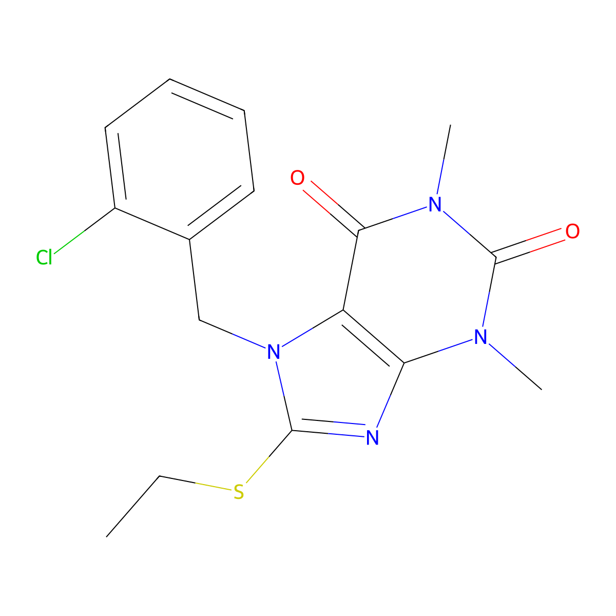 7-[(2-Chlorophenyl)methyl]-8-ethylsulfanyl-1,3-dimethylpurine-2,6-dione molecular structure, CAS 374095-83-7