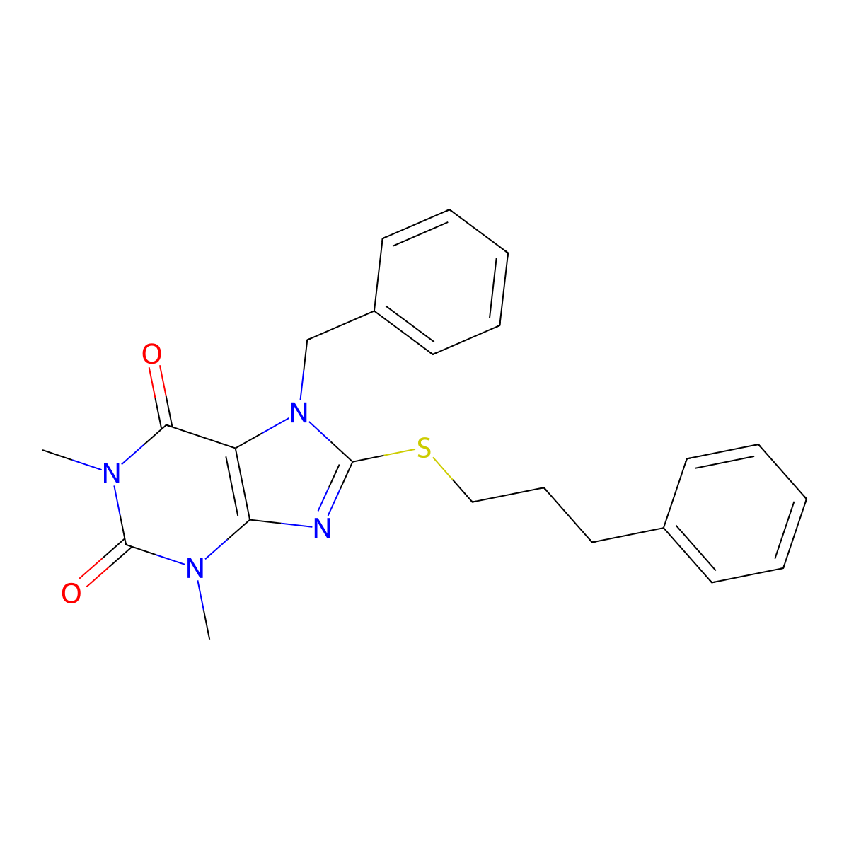 7-benzyl-1,3-dimethyl-8-[(3-phenylpropyl)sulfanyl]-2,3,6,7-tetrahydro-1H-purine-2,6-dione molecular structure, CAS 374097-66-2