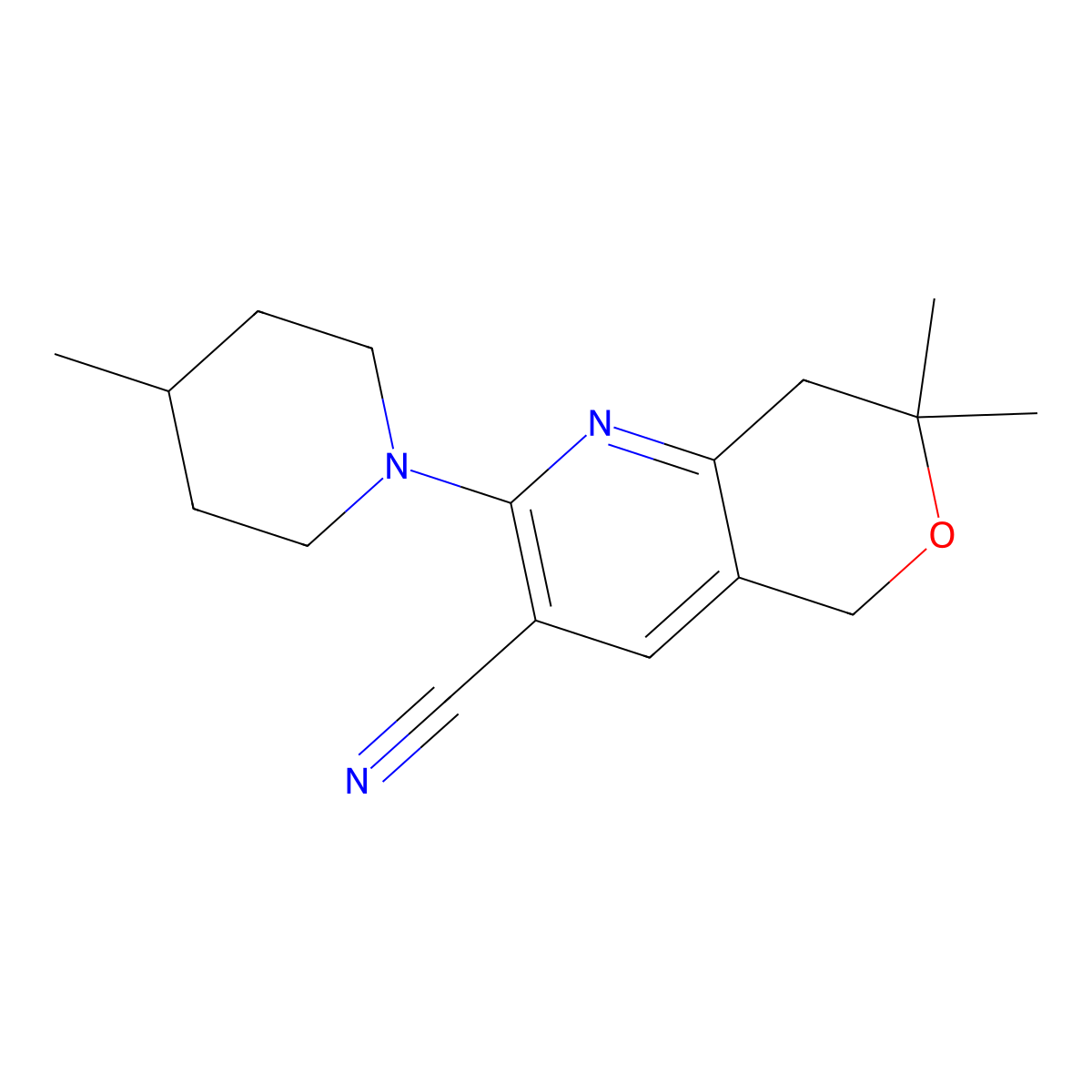 7,7-Dimethyl-2-(4-methylpiperidin-1-yl)-5,8-dihydropyrano[4,3-b]pyridine-3-carbonitrile molecular structure, CAS 374097-87-7