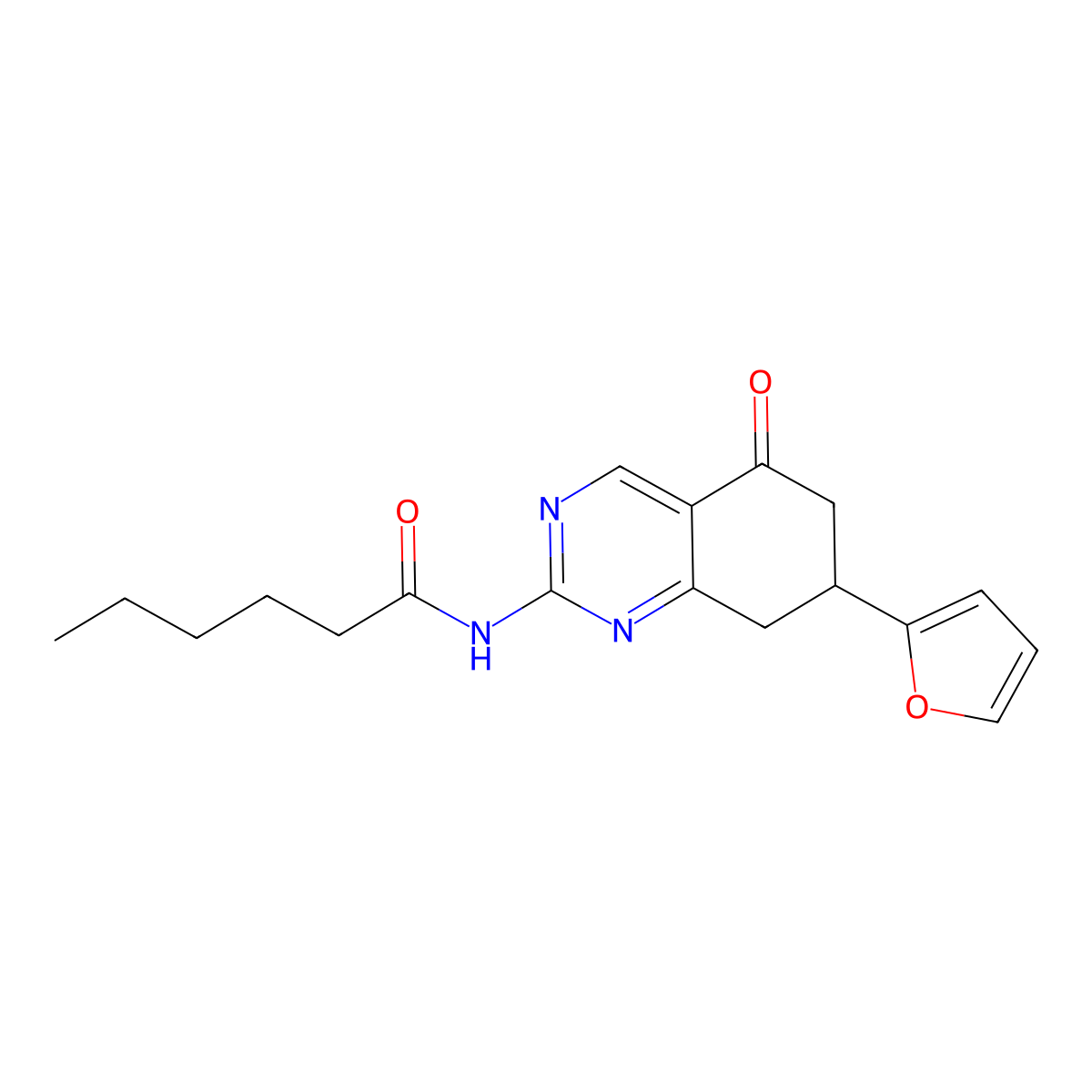 N-[7-(furan-2-yl)-5-oxo-7,8-dihydro-6H-quinazolin-2-yl]hexanamide molecular structure, CAS 374099-73-7