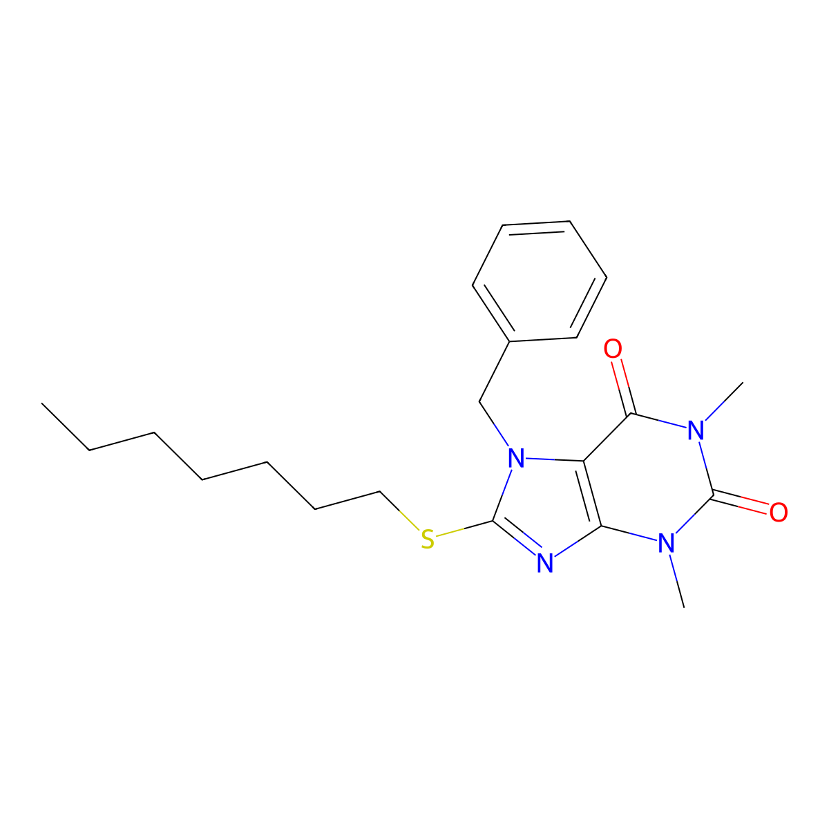 7-Benzyl-8-heptylsulfanyl-1,3-dimethylpurine-2,6-dione molecular structure, CAS 374099-86-2