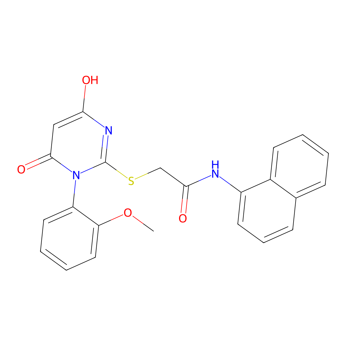 2-{[4-hydroxy-1-(2-methoxyphenyl)-6-oxo-1,6-dihydro-2-pyrimidinyl]thio}-N-1-naphthylacetamide molecular structure, CAS 374102-50-8