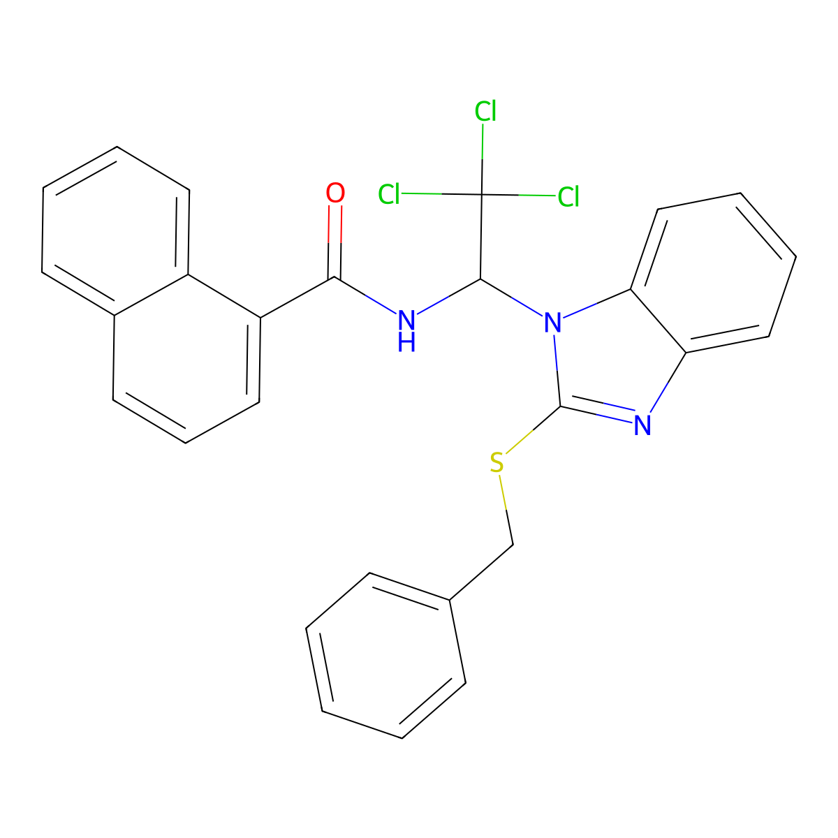 N-{1-[2-(benzylsulfanyl)-1H-benzimidazol-1-yl]-2,2,2-trichloroethyl}naphthalene-1-carboxamide molecular structure, CAS 374102-71-3