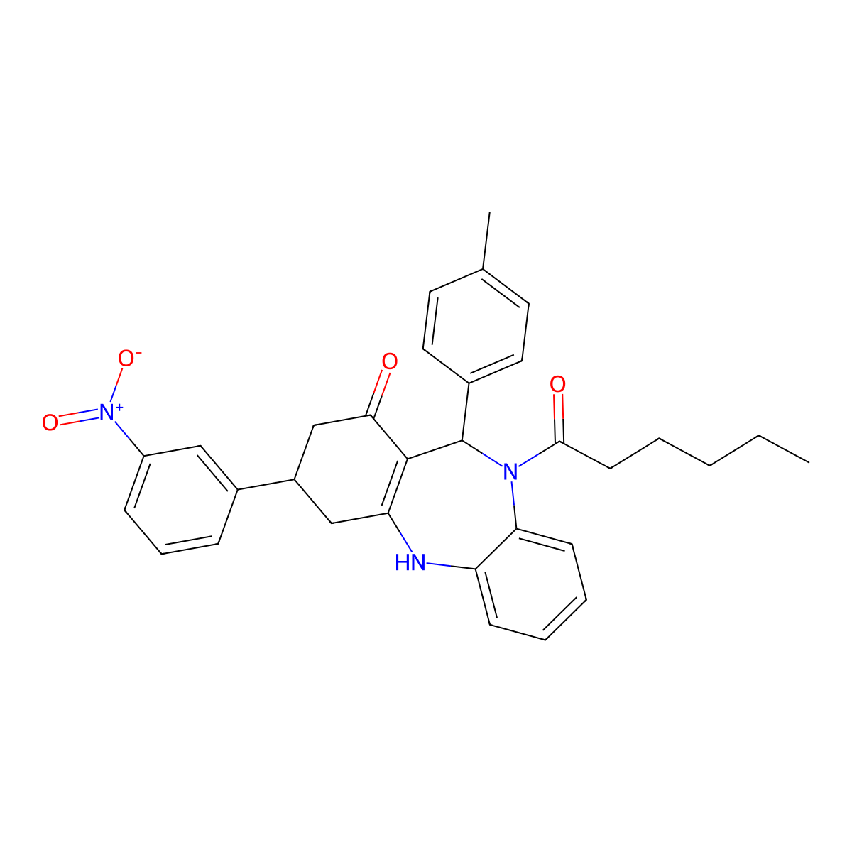 5-hexanoyl-6-(4-methylphenyl)-9-(3-nitrophenyl)-8,9,10,11-tetrahydro-6H-benzo[b][1,4]benzodiazepin-7-one molecular structure, CAS 374103-76-1