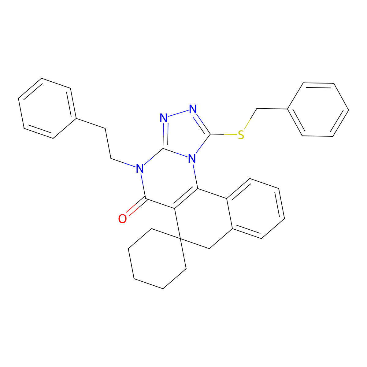 1-(benzylthio)-4-phenethyl-4H-spiro[benzo[h][1,2,4]triazolo[4,3-a]quinazoline-6,1'-cyclohexan]-5(7H)-one molecular structure, CAS 374104-38-8