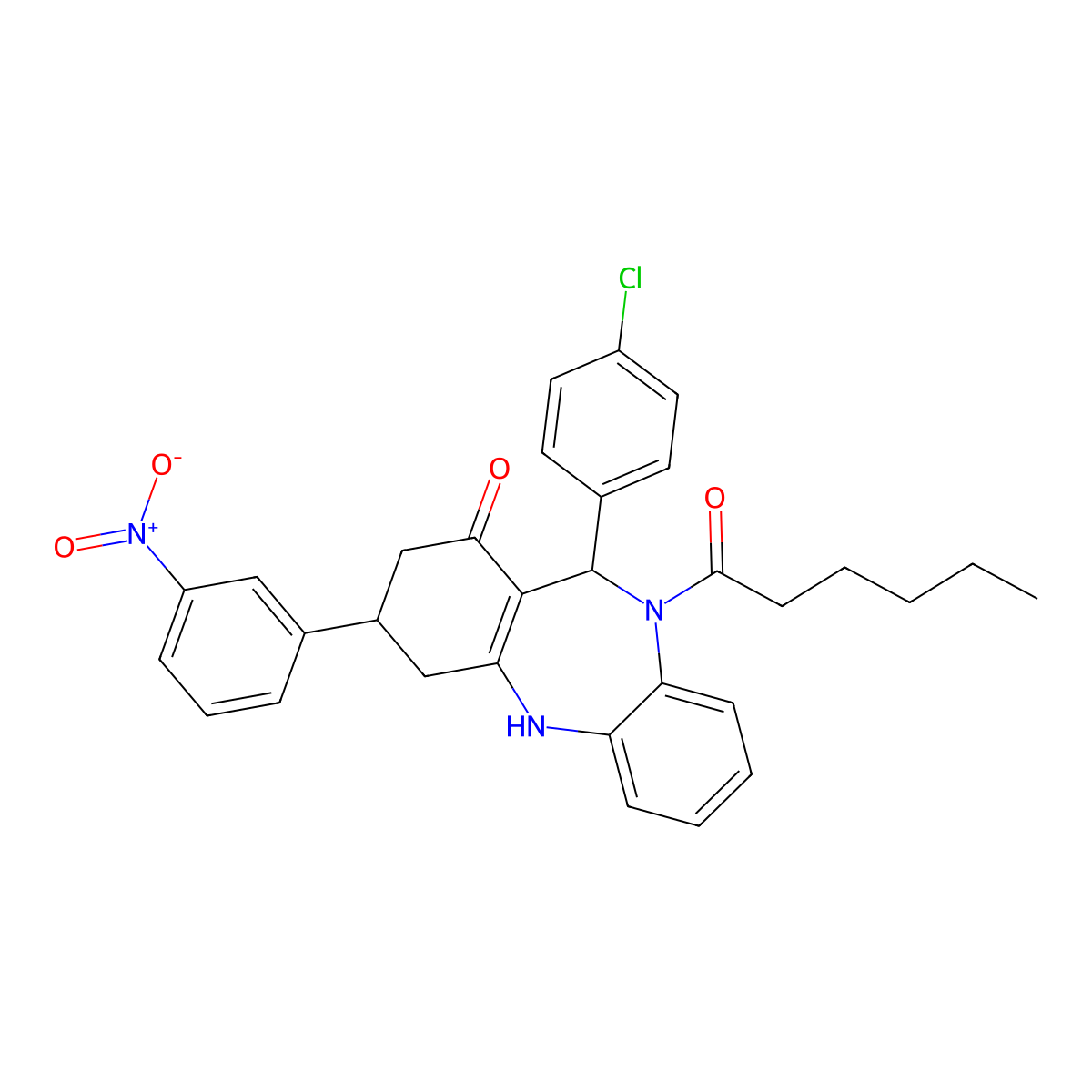 6-(4-chlorophenyl)-5-hexanoyl-9-(3-nitrophenyl)-8,9,10,11-tetrahydro-6H-benzo[b][1,4]benzodiazepin-7-one molecular structure, CAS 374105-31-4