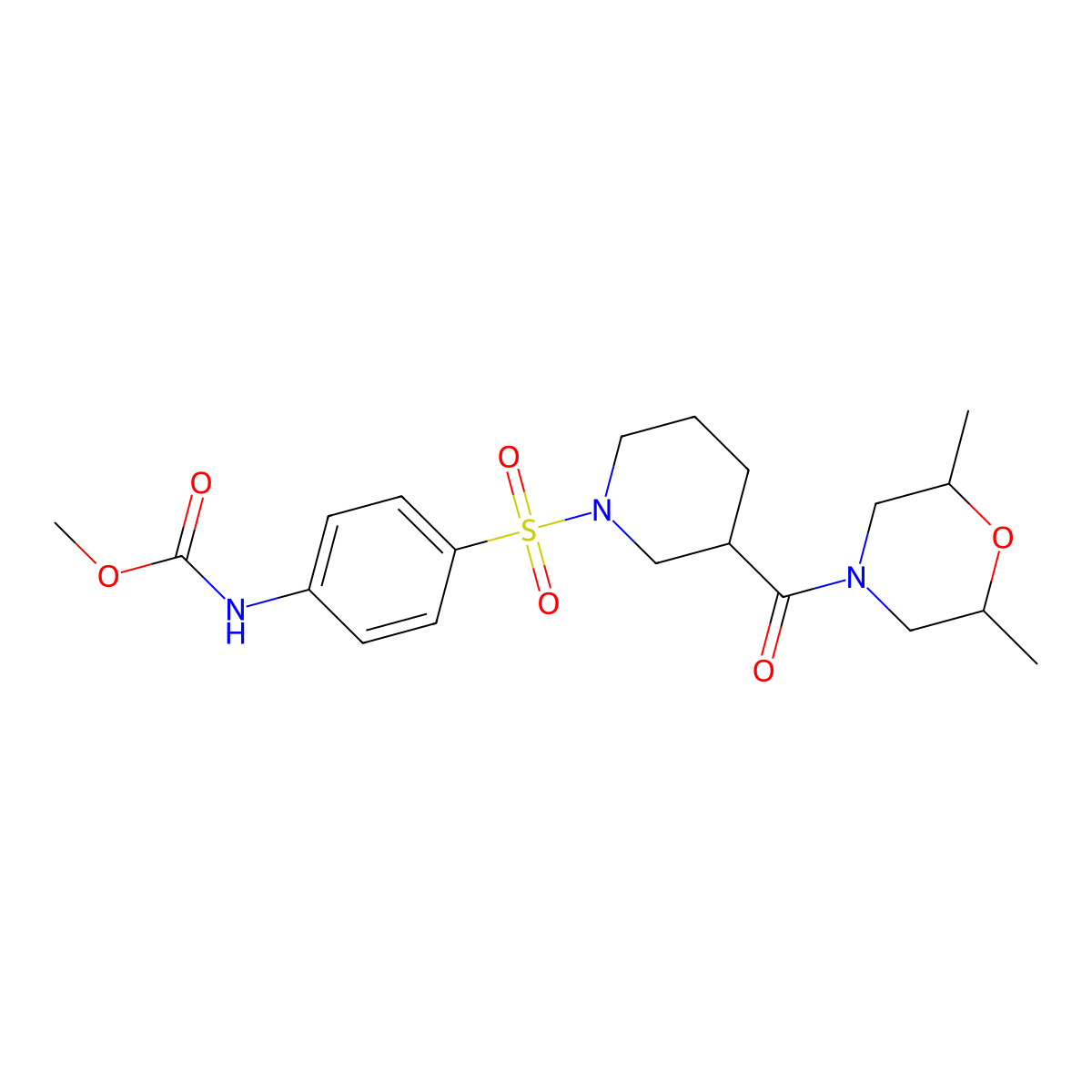 Methyl (4-((3-(2,6-dimethylmorpholine-4-carbonyl)piperidin-1-yl)sulfonyl)phenyl)carbamate molecular structure, CAS 374109-01-0