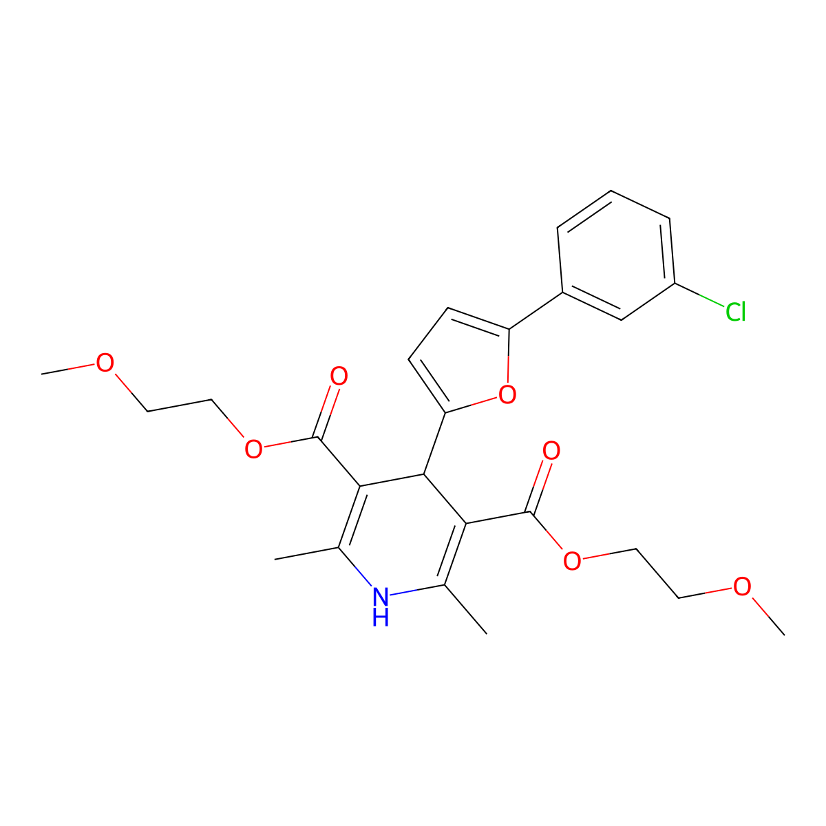 Bis(2-methoxyethyl) 4-[5-(3-chlorophenyl)furan-2-yl]-2,6-dimethyl-1,4-dihydropyridine-3,5-dicarboxylate molecular structure, CAS 374540-96-2