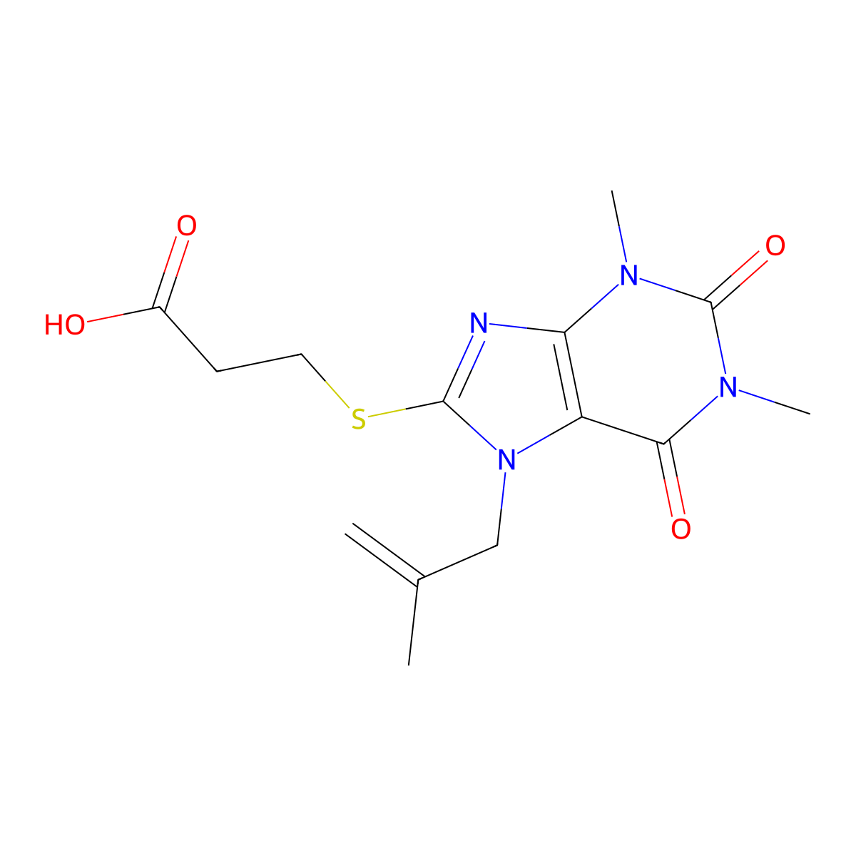 3-{[1,3-dimethyl-7-(2-methylprop-2-en-1-yl)-2,6-dioxo-2,3,6,7-tetrahydro-1H-purin-8-yl]sulfanyl}propanoic acid molecular structure, CAS 374541-50-1