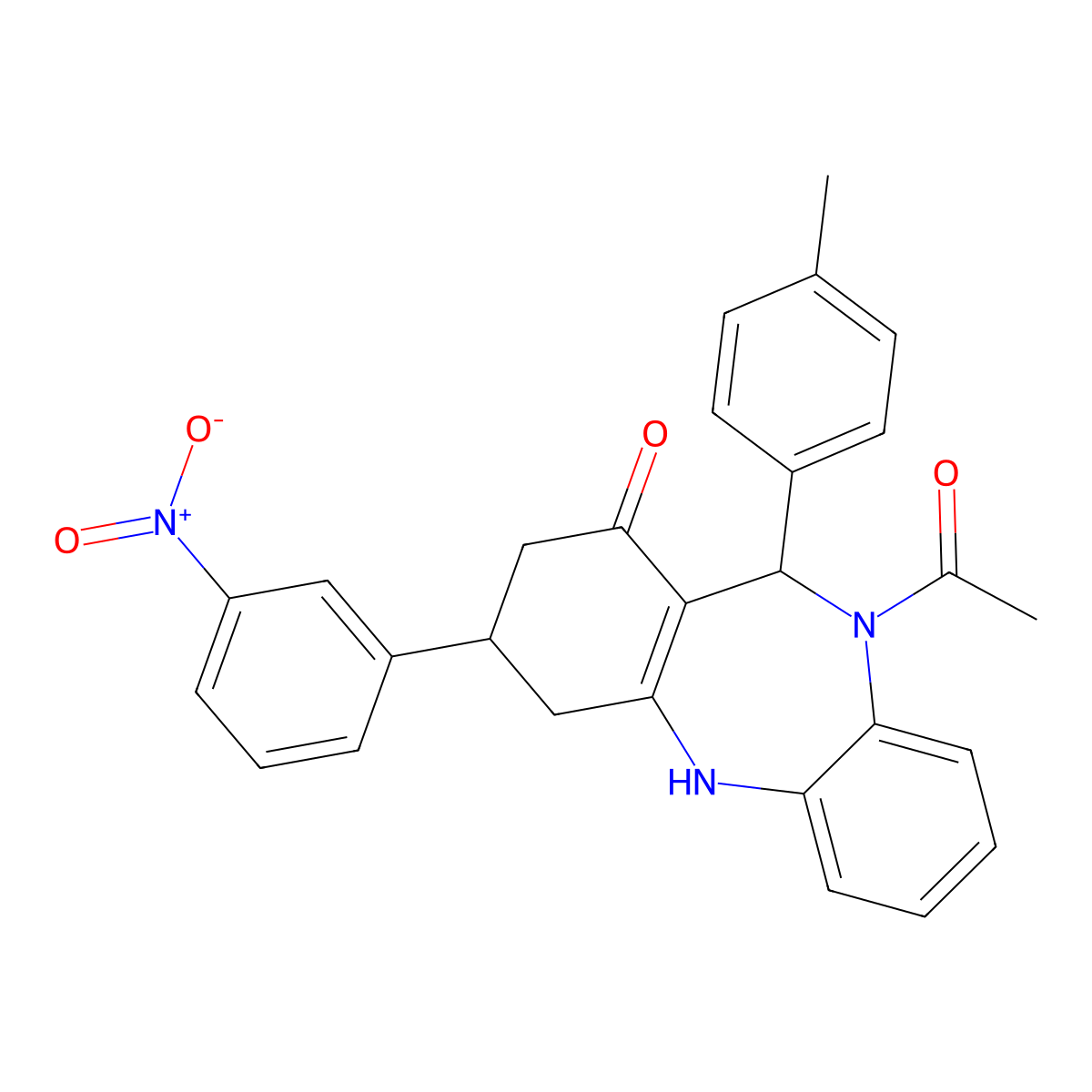 5-acetyl-6-(4-methylphenyl)-9-(3-nitrophenyl)-8,9,10,11-tetrahydro-6H-benzo[b][1,4]benzodiazepin-7-one molecular structure, CAS 374541-53-4