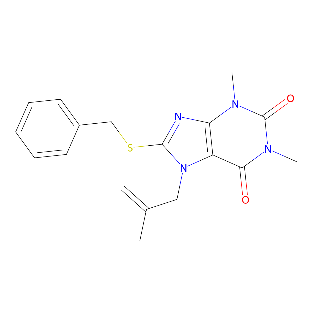 8-(benzylsulfanyl)-1,3-dimethyl-7-(2-methylprop-2-en-1-yl)-2,3,6,7-tetrahydro-1H-purine-2,6-dione molecular structure, CAS 374543-05-2