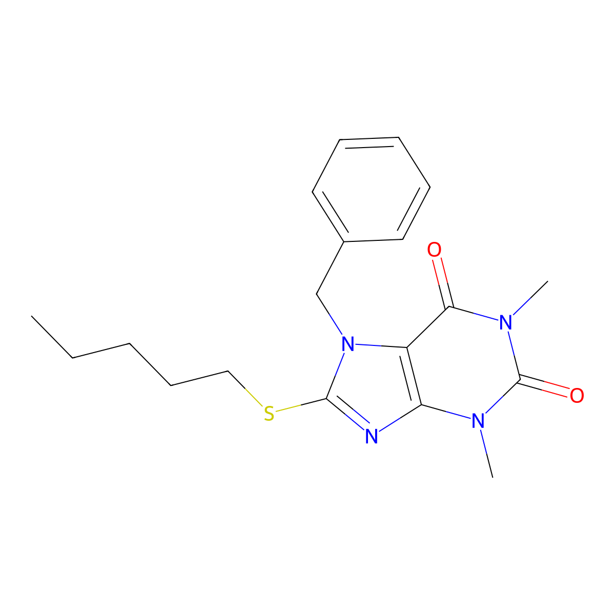 7-benzyl-1,3-dimethyl-8-(pentylsulfanyl)-2,3,6,7-tetrahydro-1H-purine-2,6-dione molecular structure, CAS 374543-24-5