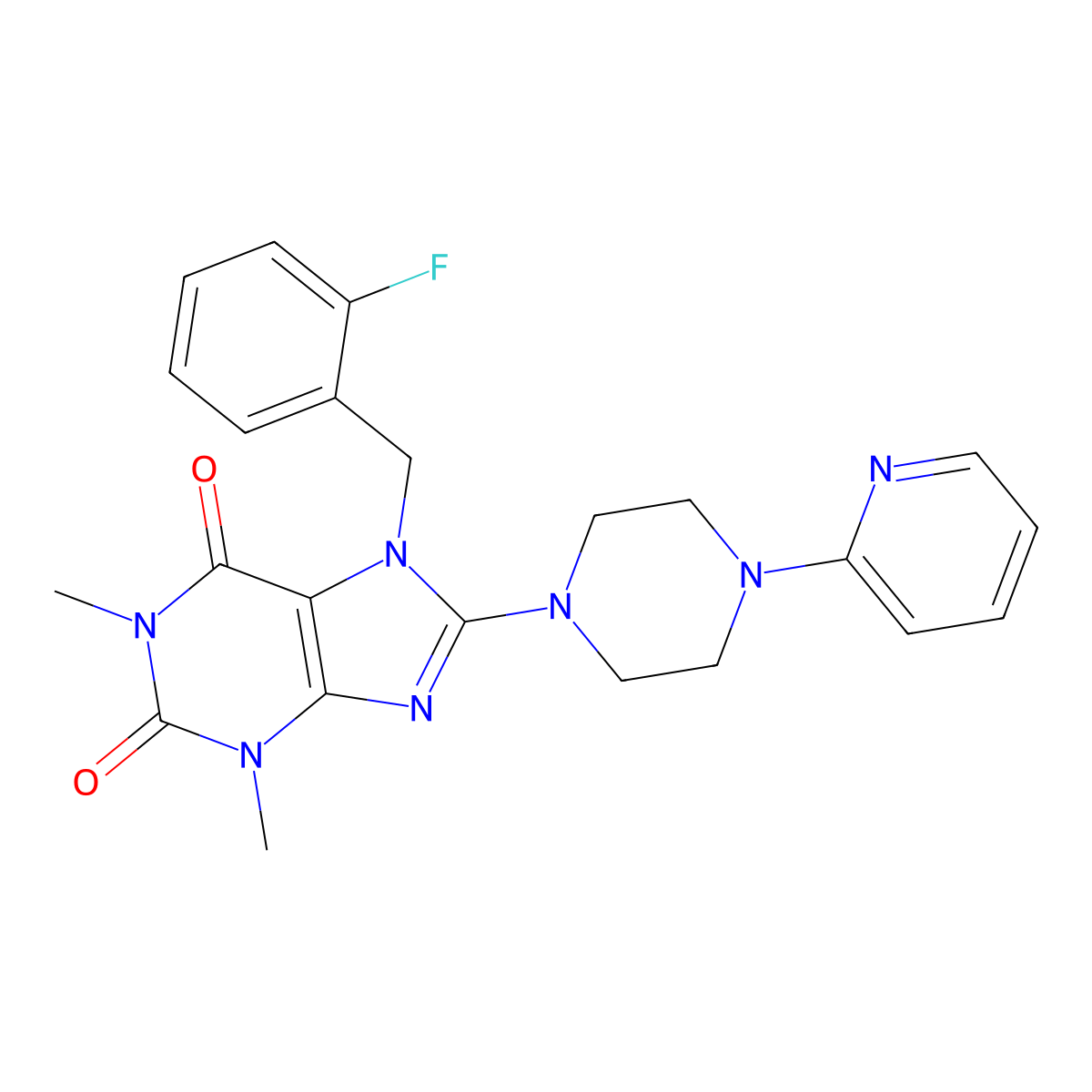 7-[(2-Fluorophenyl)methyl]-1,3-dimethyl-8-(4-pyridin-2-ylpiperazin-1-yl)purine-2,6-dione molecular structure, CAS 374543-27-8