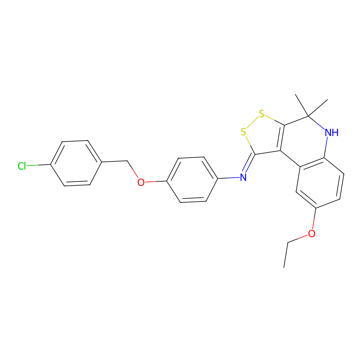 (4-(((4-chlorophenyl)methyl)oxy)phenyl)(8-(ethyloxy)-4,4-dimethyl-4,5-dihydro-1H-[1,2]dithiolo[3,4-c]quinolin-1-ylidene)amine molecular structure, CAS 374543-56-3