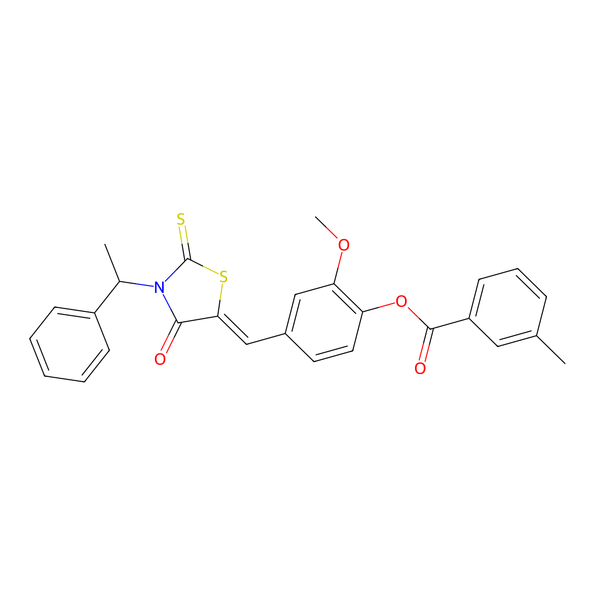 2-Methoxy-4-[4-oxo-3-(1-phenylethyl)-2-thioxo-1,3-thiazolidin-5-ylidene]methyl-phenyl 3-methylbenzoate molecular structure, CAS 374543-69-8