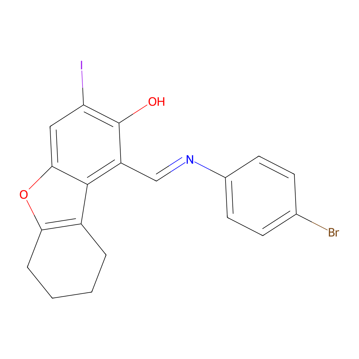 1-[[(4-Bromophenyl)imino]methyl]-6,7,8,9-tetrahydro-3-iodo-2-dibenzofuranol molecular structure, CAS 374543-84-7