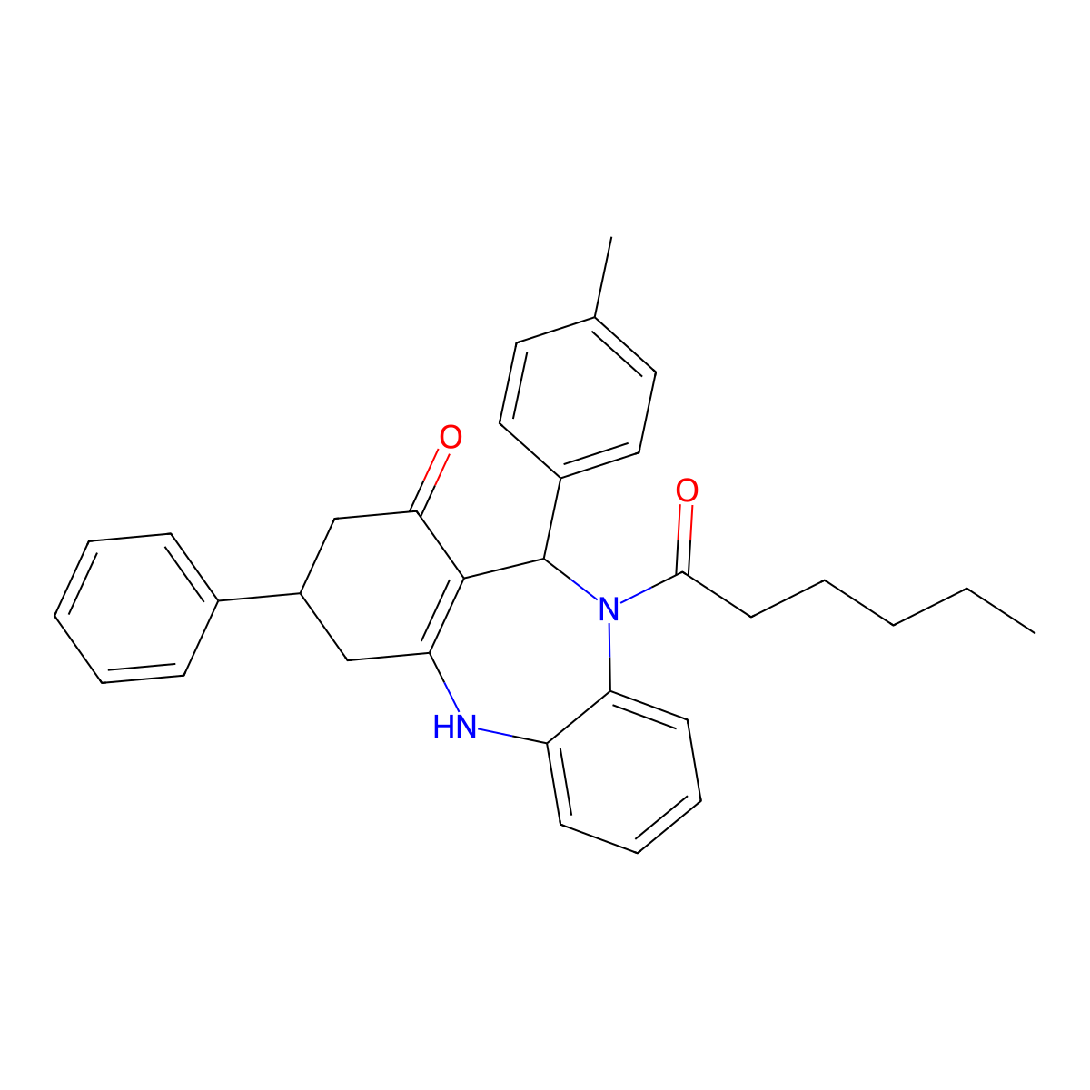 5-hexanoyl-6-(4-methylphenyl)-9-phenyl-8,9,10,11-tetrahydro-6H-benzo[b][1,4]benzodiazepin-7-one molecular structure, CAS 374544-45-3