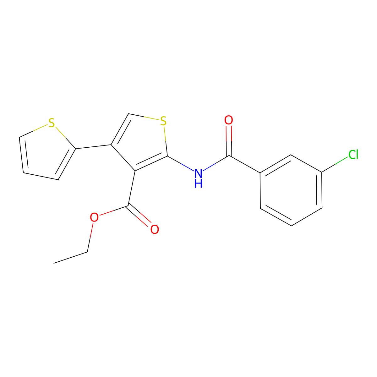 Ethyl 5'-(3-chlorobenzamido)-[2,3'-bithiophene]-4'-carboxylate molecular structure, CAS 374545-47-8