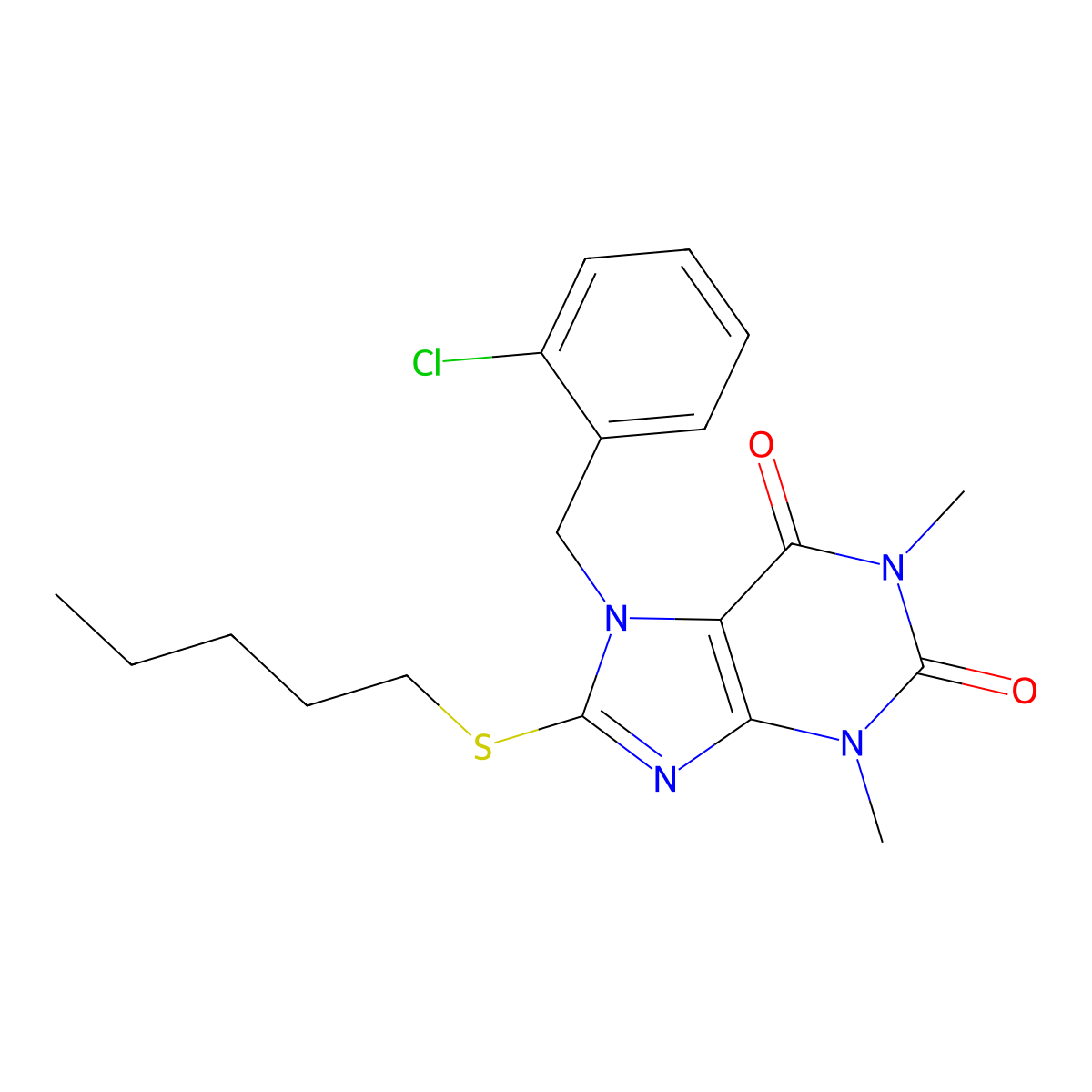 7-[(2-Chlorophenyl)methyl]-1,3-dimethyl-8-pentylsulfanylpurine-2,6-dione molecular structure, CAS 374545-68-3