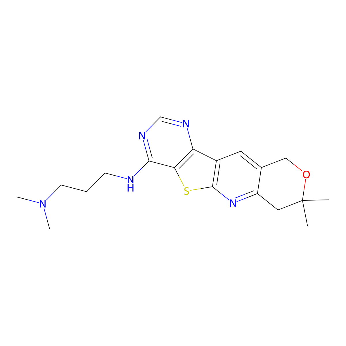 N~1~-(8,8-dimethyl-7,10-dihydro-8H-pyrano[3'',4'':5',6']pyrido[3',2':4,5]thieno[3,2-d]pyrimidin-4-yl)-N~3~,N~3~-dimethyl-1,3-propanediamine molecular structure, CAS 374547-22-5
