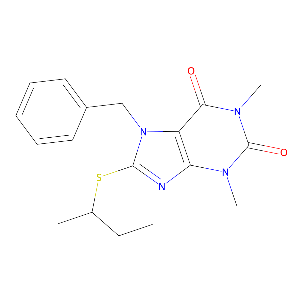 7-benzyl-8-(butan-2-ylsulfanyl)-1,3-dimethyl-2,3,6,7-tetrahydro-1H-purine-2,6-dione molecular structure, CAS 374549-26-5