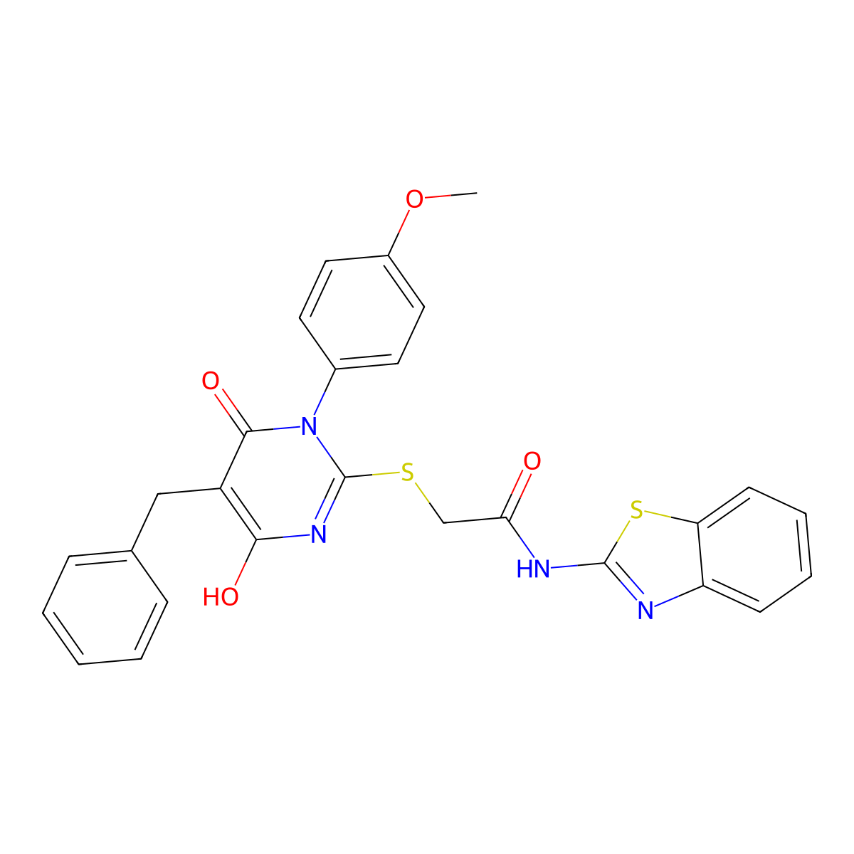 N-(benzo[d]thiazol-2-yl)-2-((5-benzyl-4-hydroxy-1-(4-methoxyphenyl)-6-oxo-1,6-dihydropyrimidin-2-yl)thio)acetamide molecular structure, CAS 374549-32-3