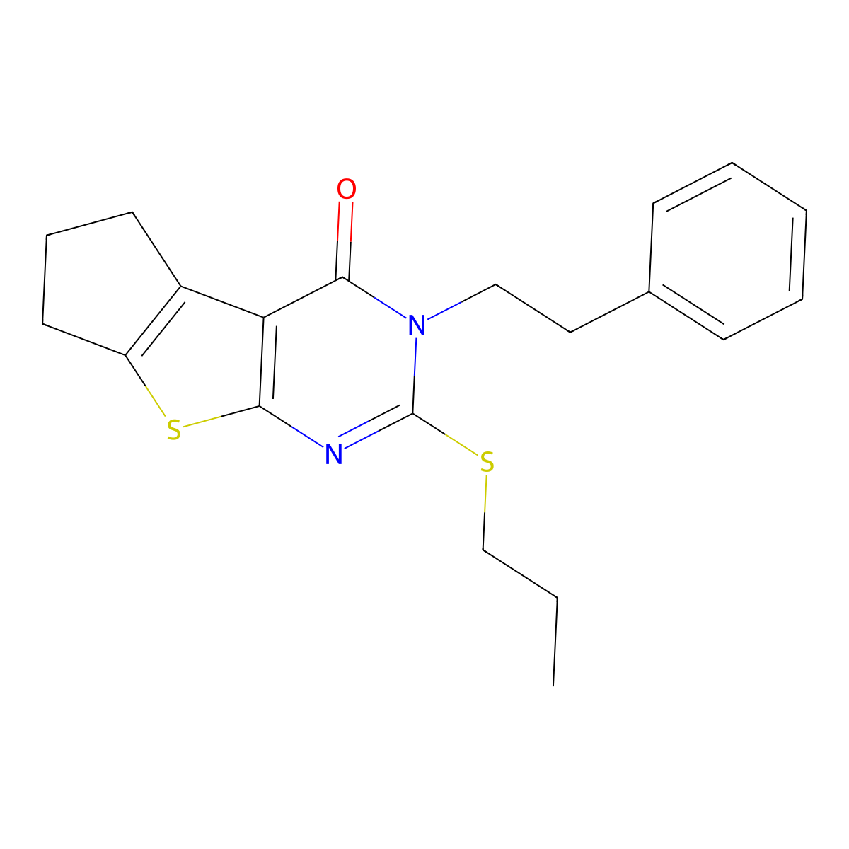 3-(2-phenylethyl)-2-(propylsulfanyl)-3,5,6,7-tetrahydro-4H-cyclopenta[4,5]thieno[2,3-d]pyrimidin-4-one molecular structure, CAS 374550-18-2