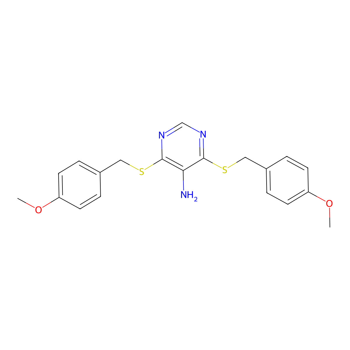 4,6-Bis[(4-methoxyphenyl)methylsulfanyl]pyrimidin-5-amine molecular structure, CAS 374550-35-3