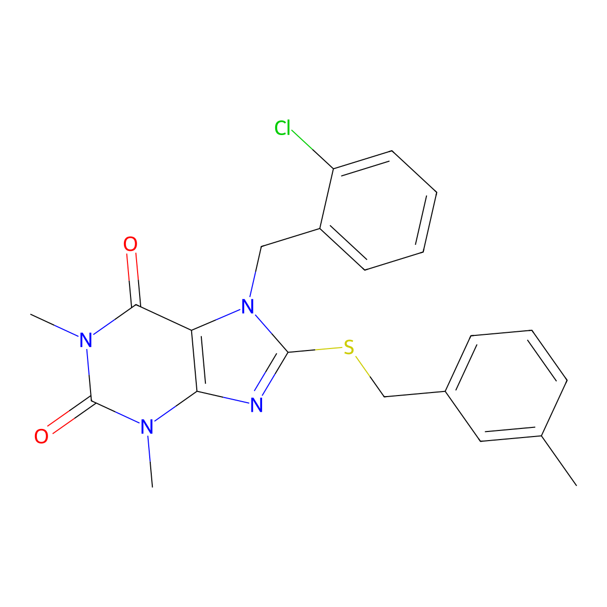 7-[(2-Chlorophenyl)methyl]-1,3-dimethyl-8-[(3-methylphenyl)methylsulfanyl]purine-2,6-dione molecular structure, CAS 374550-43-3