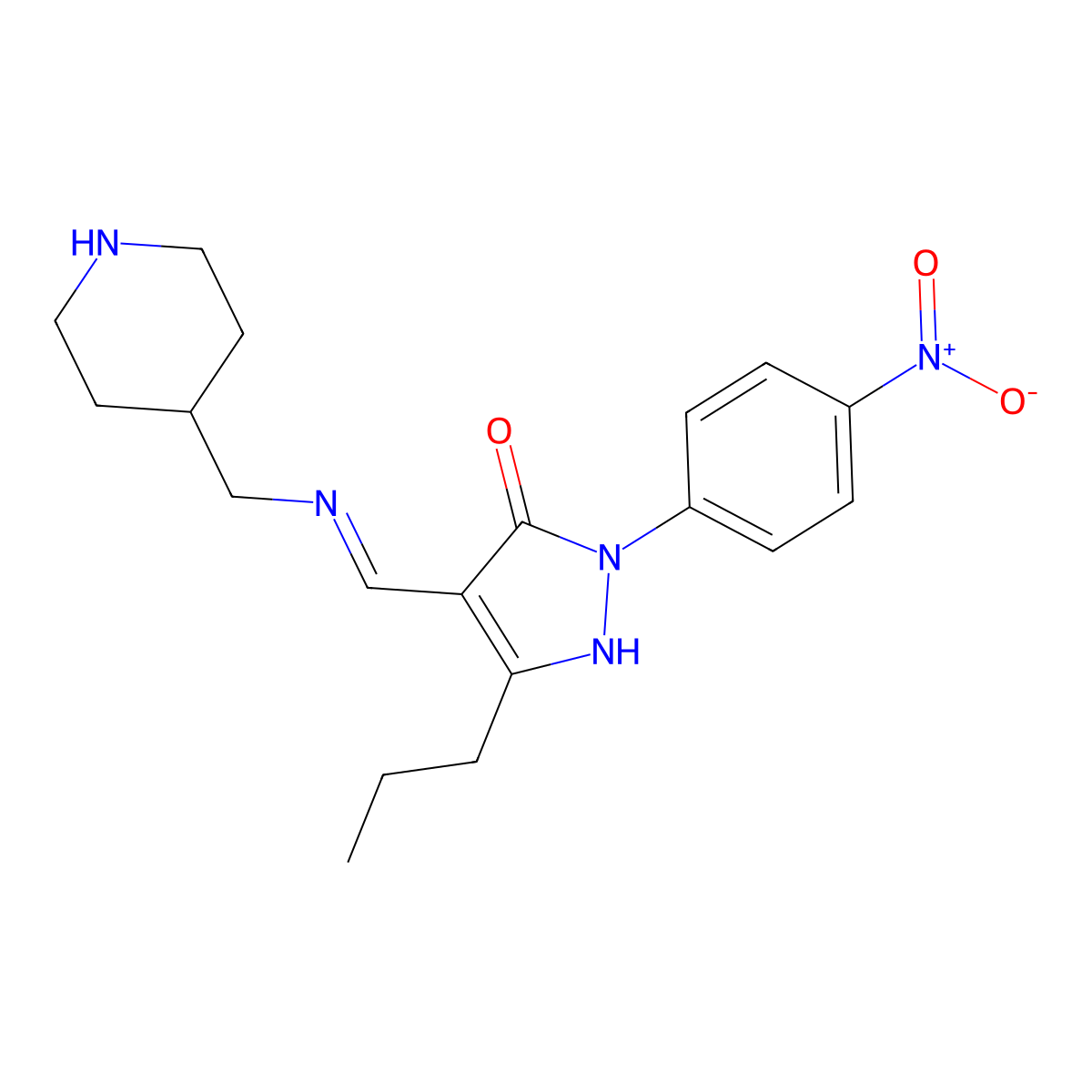 (4E)-2-(4-nitrophenyl)-4-[(piperidin-4-ylmethylamino)methylidene]-5-propylpyrazol-3-one molecular structure, CAS 374550-48-8