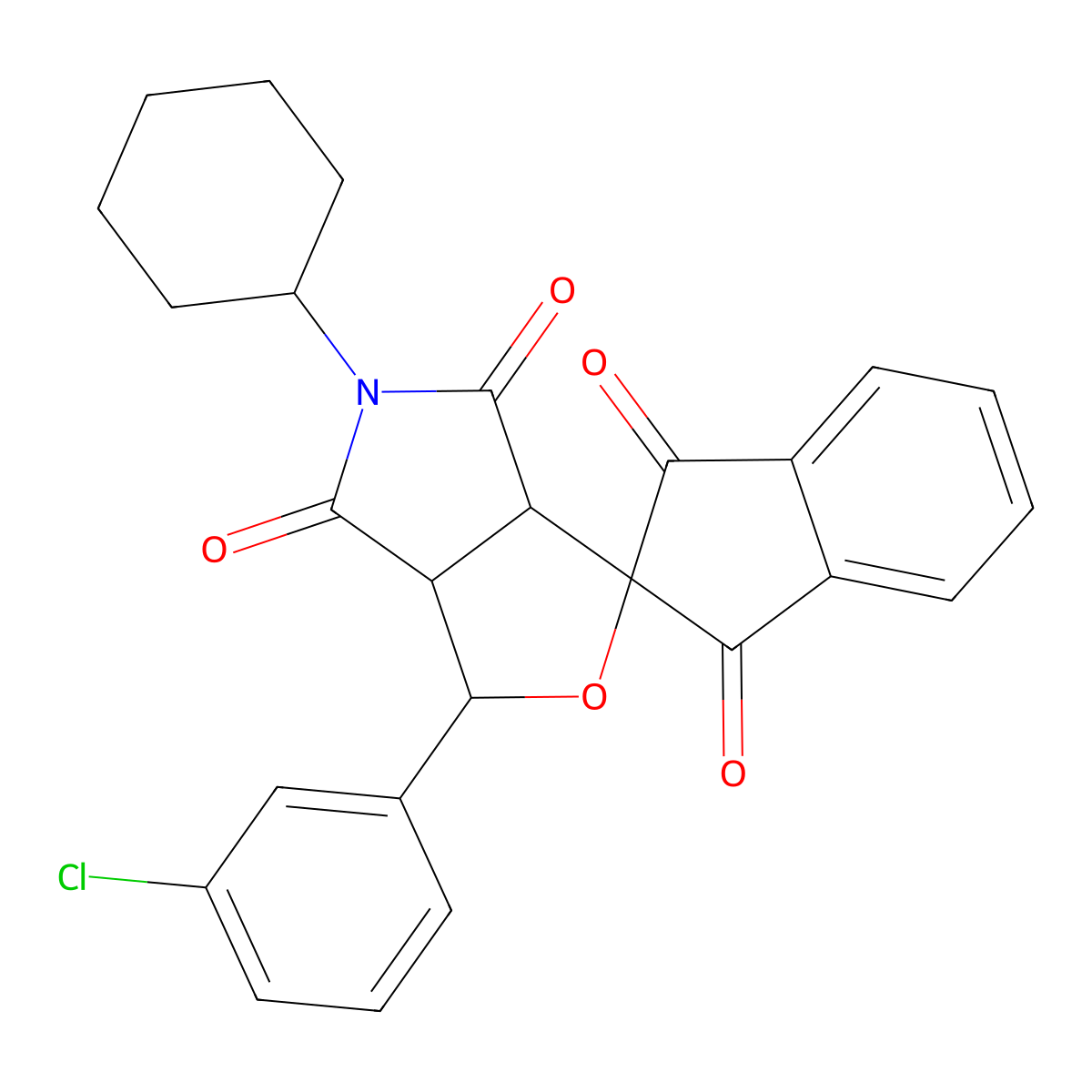 1-(3-chlorophenyl)-5-cyclohexylspiro[3a,6a-dihydro-1H-furo[3,4-c]pyrrole-3,2'-indene]-1',3',4,6-tetrone molecular structure, CAS 374561-09-8