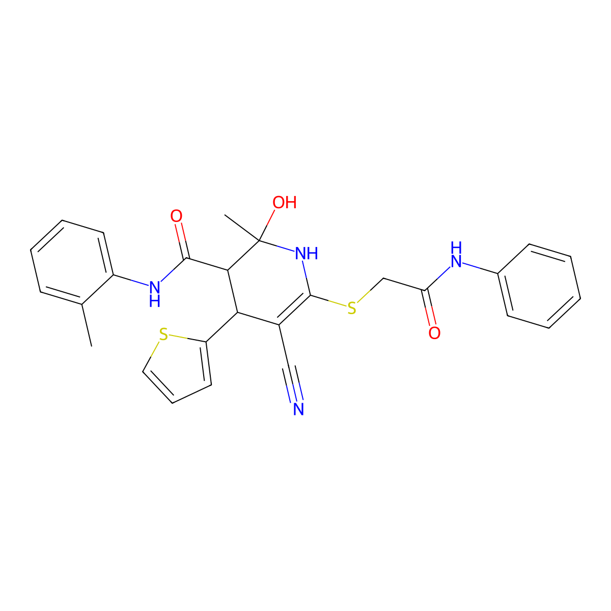 5-cyano-2-hydroxy-2-methyl-6-((2-oxo-2-(phenylamino)ethyl)thio)-4-(thiophen-2-yl)-N-(o-tolyl)-1,2,3,4-tetrahydropyridine-3-carboxamide molecular structure, CAS 374561-24-7