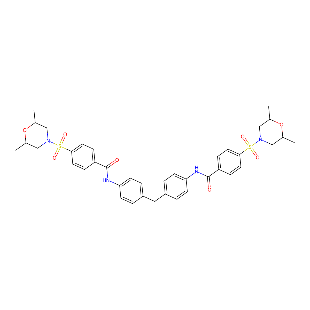 4-(2,6-dimethylmorpholin-4-yl)sulfonyl-N-[4-[[4-[[4-(2,6-dimethylmorpholin-4-yl)sulfonylbenzoyl]amino]phenyl]methyl]phenyl]benzamide molecular structure, CAS 374566-16-2