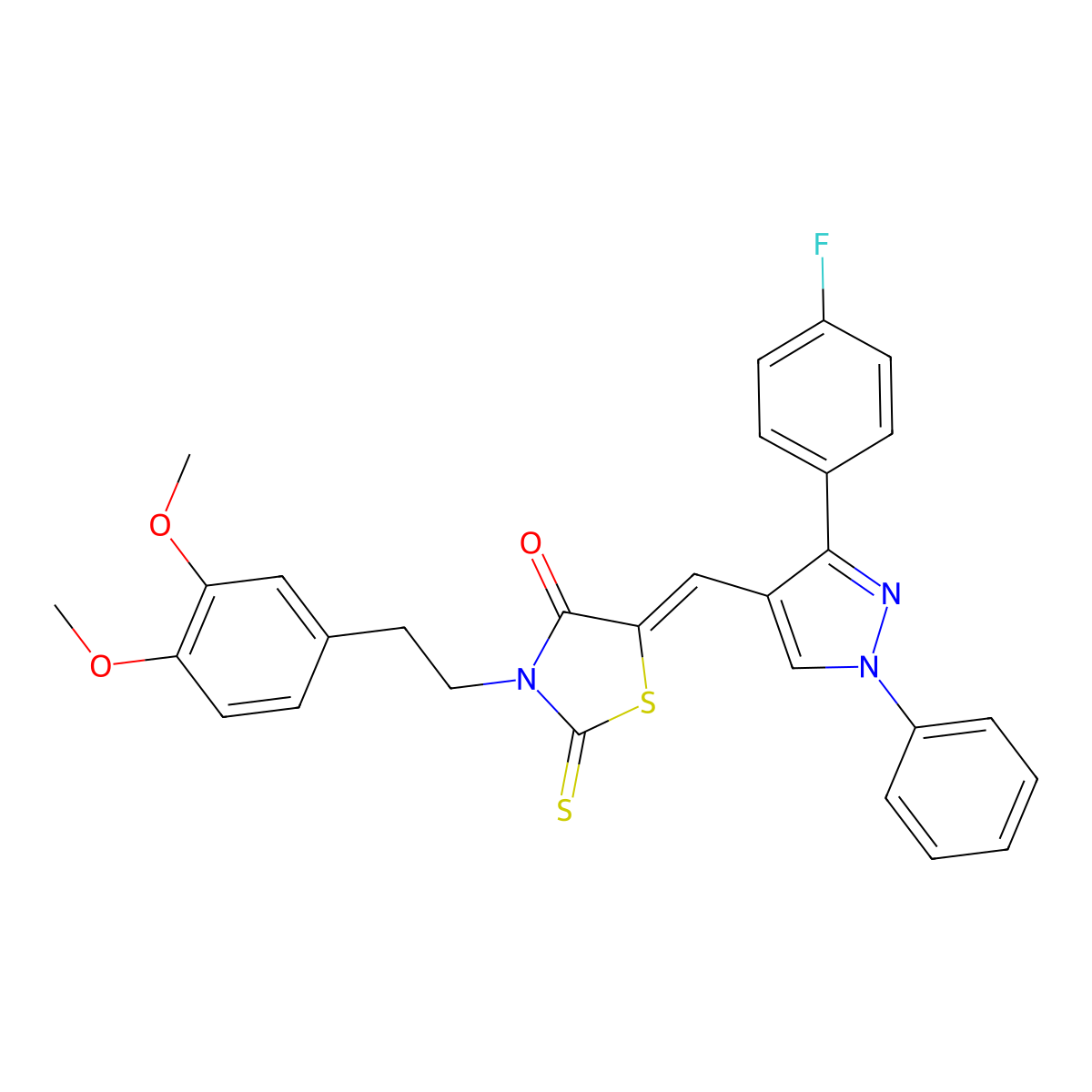 3-[2-(3,4-Dimethoxyphenyl)ethyl]-5-{[3-(4-fluorophenyl)-1-phenyl-1H-pyrazol-4-yl)-methylidene}-2-sulfanylidene-1,3-thiazolidin-4-one molecular structure, CAS 374598-96-6